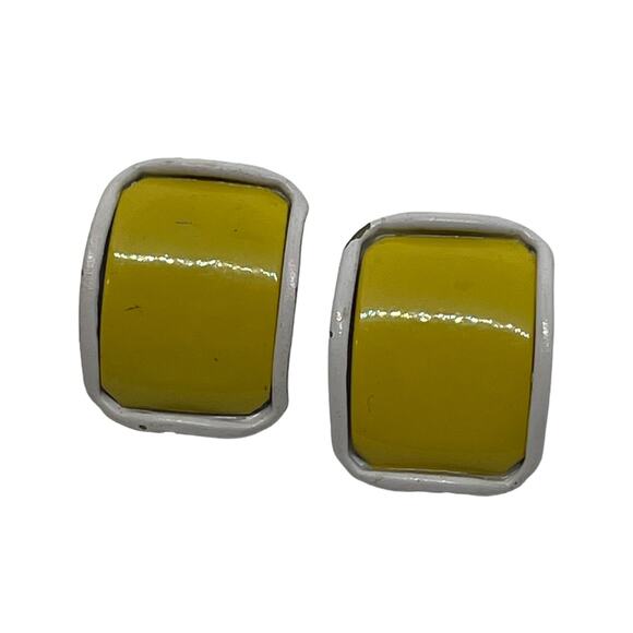 Vintage 70s Yellow & White Metal Rectangular Earrings – 1" x 0.5" Good Condition - Picture 2 of 4